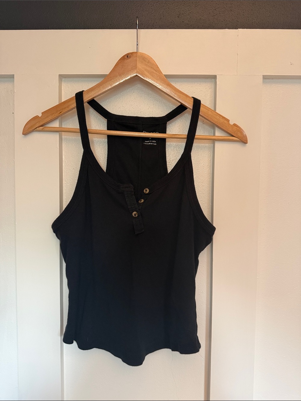 Pilcro Black Ribbed Racerback Tank with Button Placket